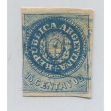 ARGENTINA 1862 GJ 09 ESCUDITO de 15 Cts. ESTAMPILLA CON MATASELLO ROSARIO, BONITO EJEMPLAR U$ 245